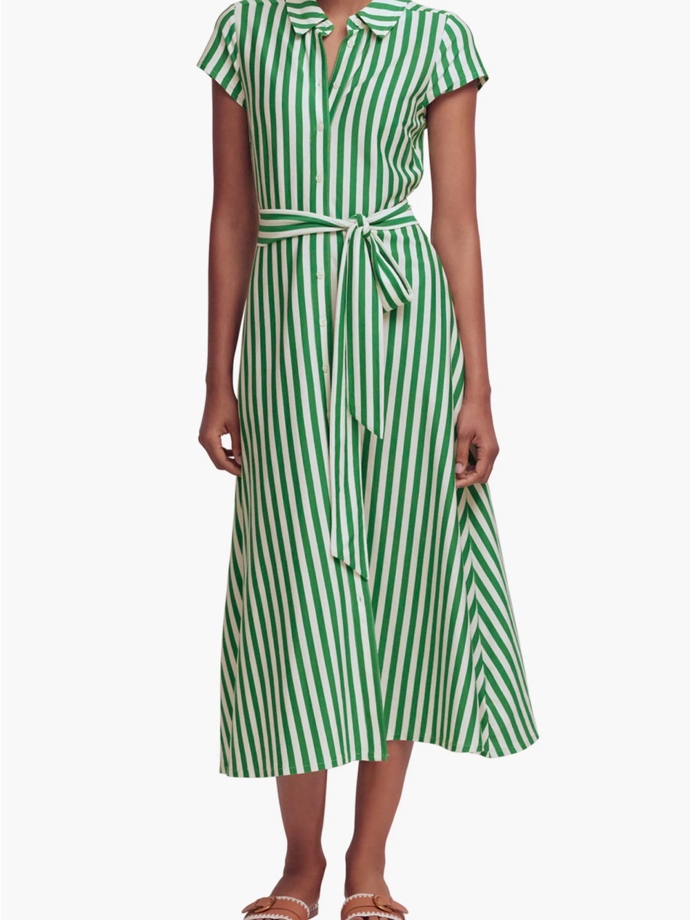 Boden Marcia Green and White Stripe Cap Sleeve Maxi Shirt Dress with Tie